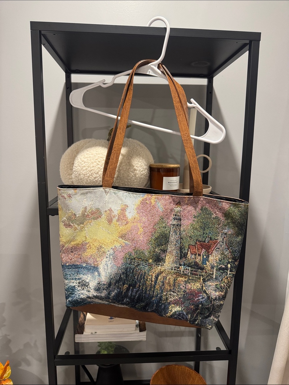213.Scenic Lighthouse Tapestry Tote Bag with Brown Leather Handles